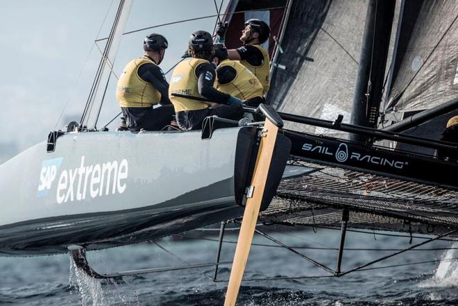 Act 4, Extreme Sailing Series Barcelona – Day 3 – The Danes are tied on points with Alinghi, but are ahead by virtue of finishing in front of the Swiss team in the last Act © Lloyd Images http://lloydimagesgallery.photoshelter.com/